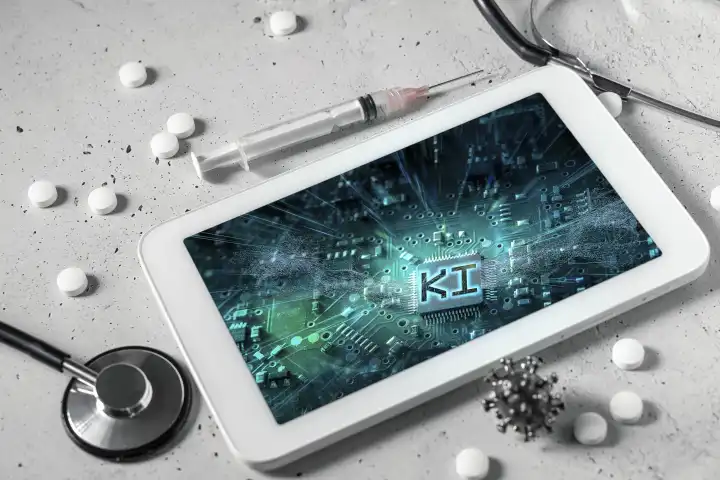 Bavaria, Germany - 19 August 2023: Computer tablet with syringe, stethoscope and medicine. Artificial intelligence in the medical field concept. Tablet a computer chip with AI on the screen PHOTOMONTAGE