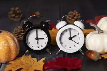 Bavaria, Germany - 19 August 2023: Symbol image time change. Alarm clock with winter time and summer time. White and black alarm clock in front of autumn decoration