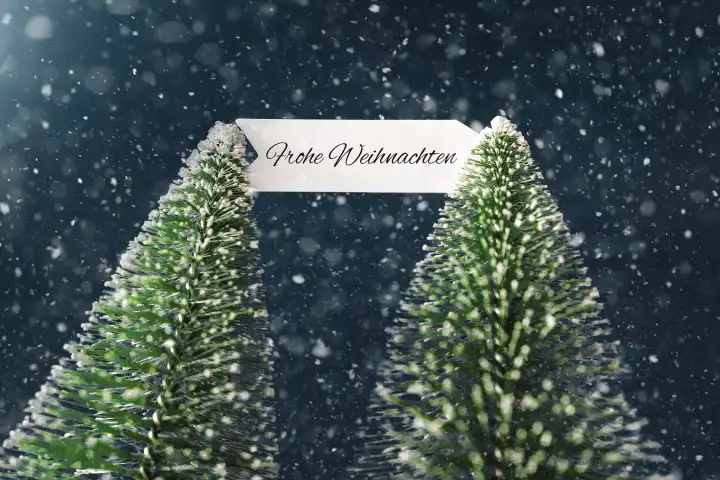26 August 2023: Two fir trees with a plaque in snowfall with inscription: Merry Christmas. Christmas greeting PHOTOMONTAGE