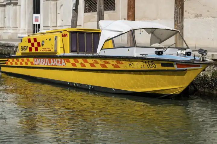 Venice, Italy - 6 May 2023: An ambulance boat in the water of Venice in Italy. Ambulance ship