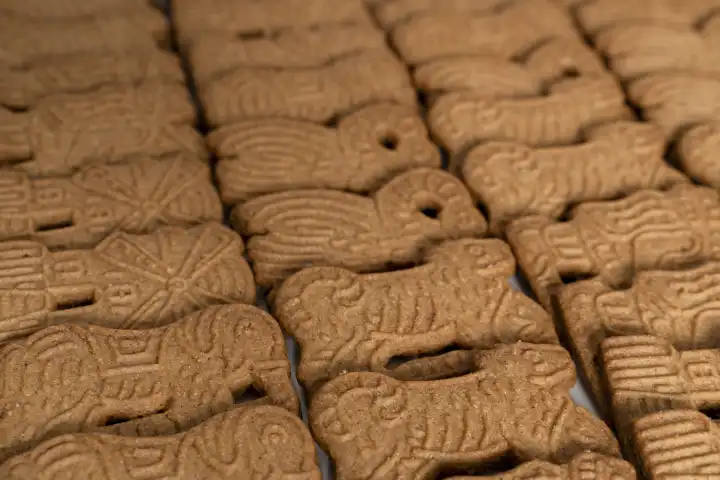 Bavaria, Germany - 29 August 2023: Spiced speculoos background, several speculoos cookies strung together. Christmas and cookies concept