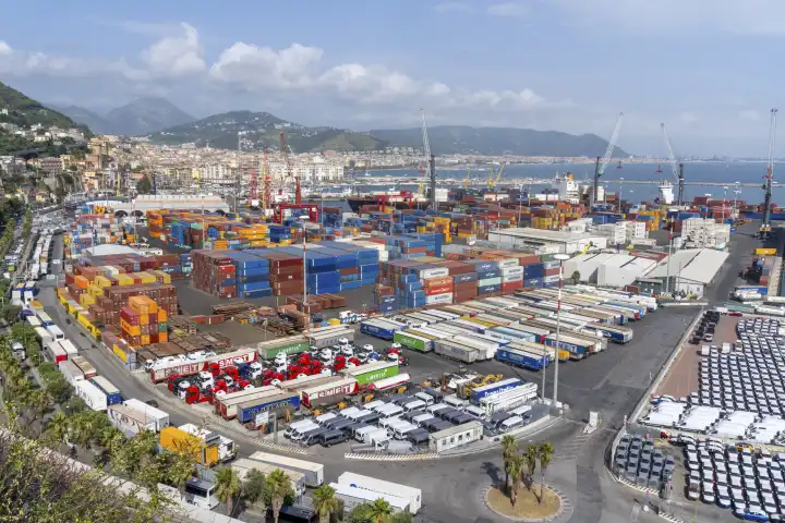 Salerno, Italy - 22 July 2023: Container port of Salerno in Italy. Cargo containers and vehicles at Eurogate in Salerno