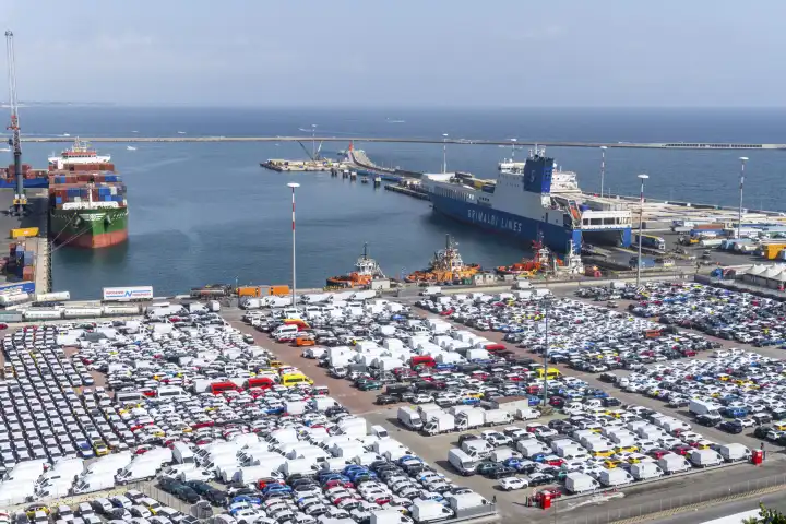 Salerno, Italy - 22 July 2023: Container port of Salerno in Italy. New vehicles and cars at Eurogate in Salerno