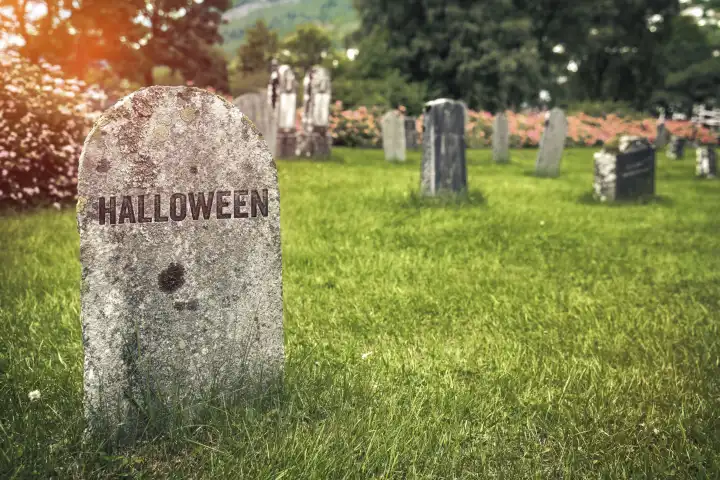 Grabstein auf einem Friedhof mit der Aufschrift: Halloween FOTOMONTAGE