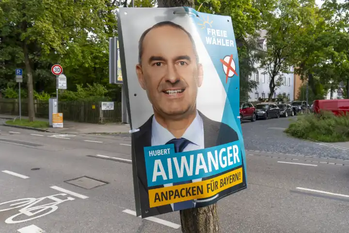 Election poster in Augsburg for the state election in October in Bavaria from the party Die Freien Wähler with candidate Hubert Aiwanger