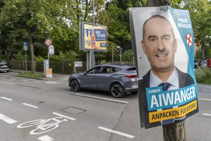 Augsburg, Bavaria, Germany - 3 September 2023: Election poster in Augsburg for the state election in October in Bavaria from the party Die Freien Wähler with candidate Hubert Aiwanger.