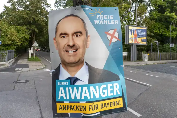 Election poster in Augsburg for the state election in October in Bavaria from the party Freie Wähler with candidate Hubert Aiwanger