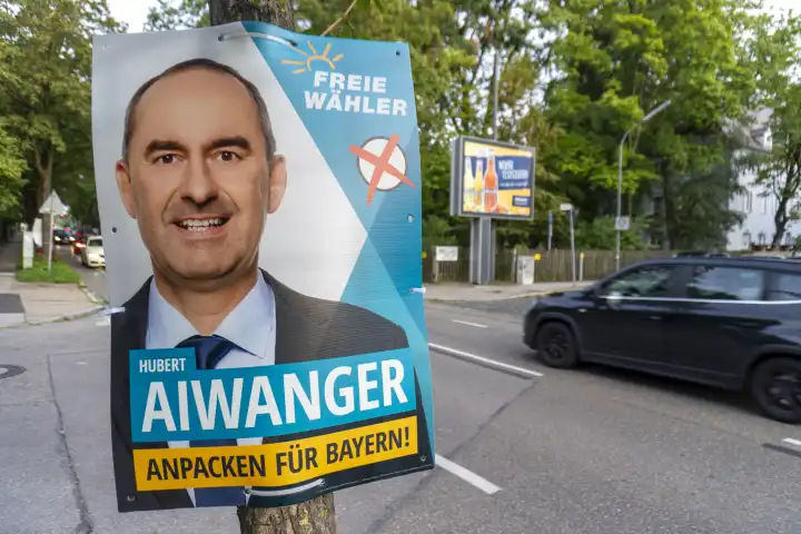 Election poster in Augsburg for the state election in October in Bavaria from the party Freie Wähler with candidate Hubert Aiwanger