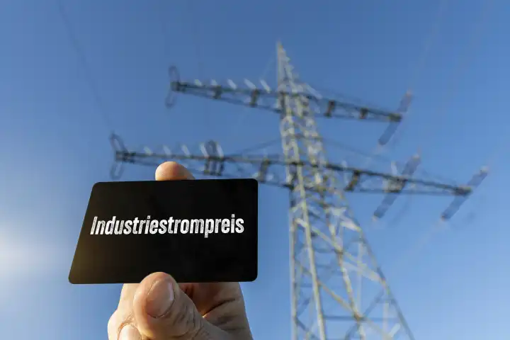 Hand hält Tafel vor einem Hochspannung Strommast mit der Aufschrift: Industriestrompreis FOTOMONTAGE