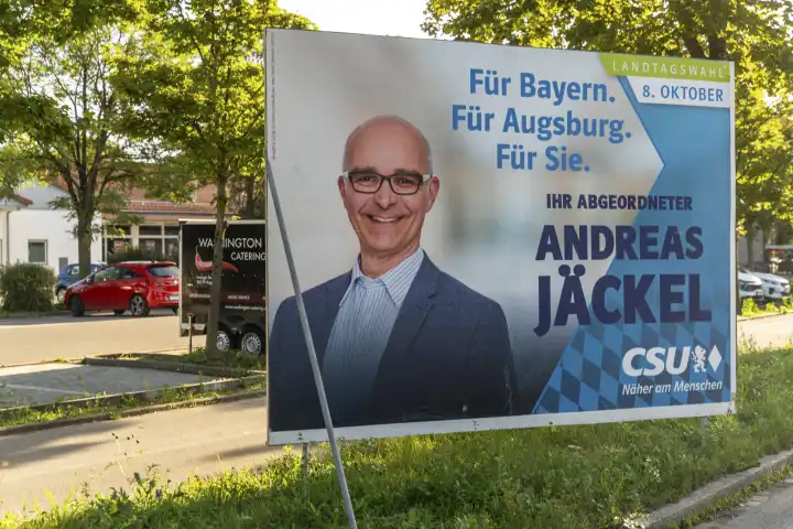 Augsburg, Bavaria, Germany - 2 September 2023: Election poster for the state election in Bavaria. Political party CSU with candidate Andreas Jäckel. Poster on the roadside in Augsburg, Bavaria