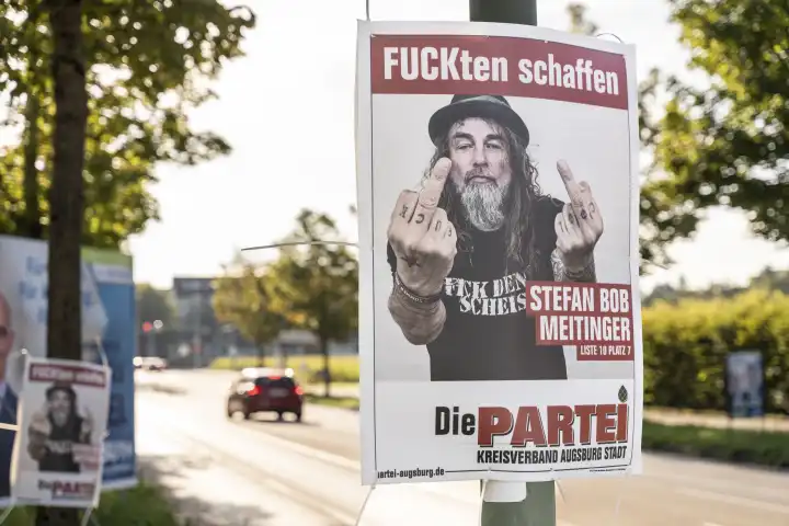 Augsburg, Bavaria, Germany - 2 September 2023: Election poster for the state election in Bavaria. The political party Die Partei with candidate Stefan Bob Meitinger. Poster on the roadside in Augsburg, Bavaria