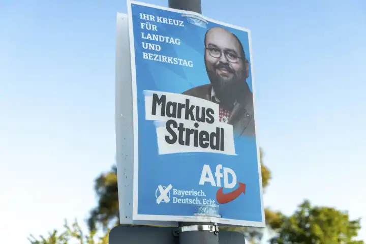 Gablingen, Bavaria, Germany - 7 September 2023: Election poster for the state election in Bavaria. The political party AfD Alternative for Germany with the candidate Markus Striedl. Poster on the roadside in Gablingen, Bavaria
