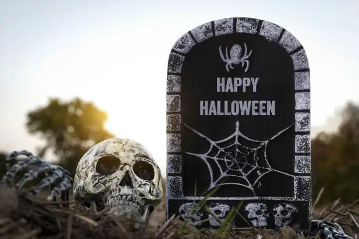 Bavaria, Germany - 10 September 2023: Gravestone with inscription Happy Halloween on an autumn field with a skull skeleton. Halloween greeting PHOTOMONTAGE