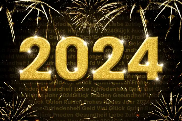Jahr 2024 Gruß zu Neujahr und Silvester. Frohes Neues Jahr Konzept mit Feuerwerk und einer goldenen Zahl FOTOMONTAGE
