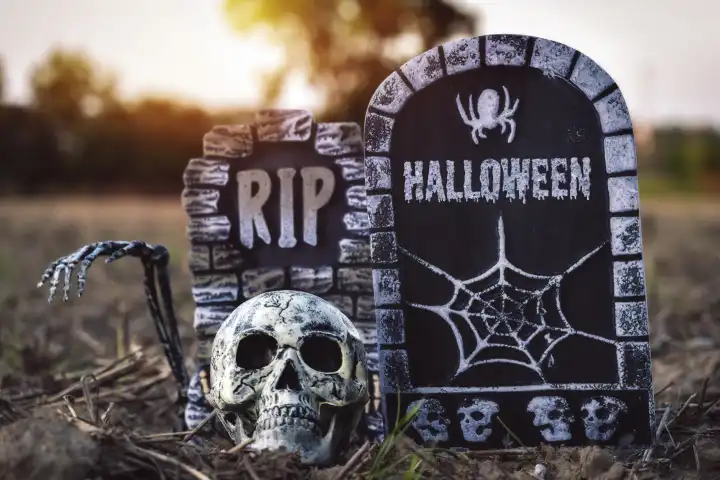 Grabsteine auf einem Acker mit Skelett und Totenkopf. Schrift auf Grabstein: Halloween. Gruß zu Halloween FOTOMONTAGE
