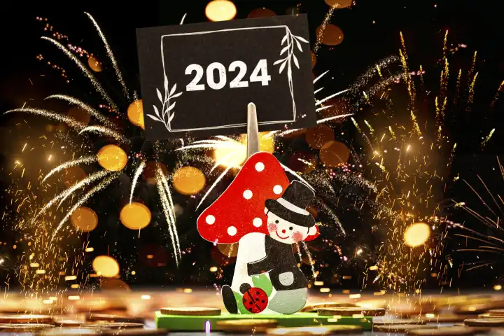 Glückspilz mit Tafel mit Text 2024. Gruß zu Silvester. Figur umgeben von Geldmünzen und einem hellen Feuerwerk FOTOMONTAGE