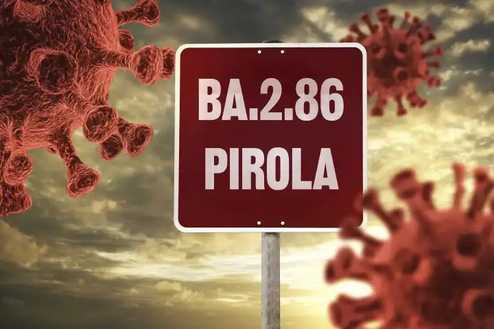 Corona Virus Covid-19 Schild mit Schrift BA.2.86 Pirola Mutation Variante. Himmel mit 3D Virus Symbolen FOTOMONTAGE