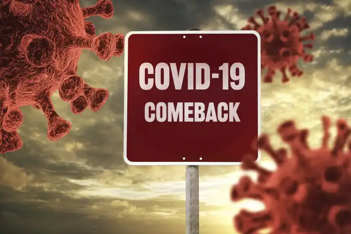 Corona Virus Covid-19 Schild mit Schrift Covid-19 Comeback. Rückkehr der Pandemie Konzept. Himmel mit 3D Virus Symbolen FOTOMONTAGE 