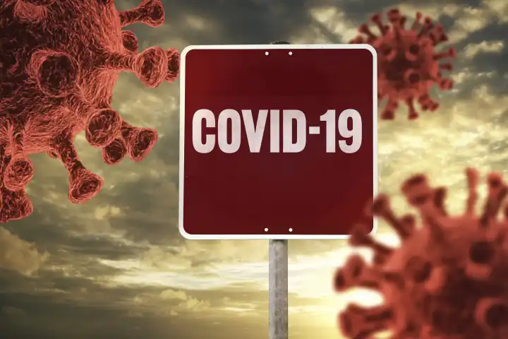 Corona Virus Covid-19 Schild mit Schrift Covid-19. Himmel mit 3D Virus Symbolen FOTOMONTAGE