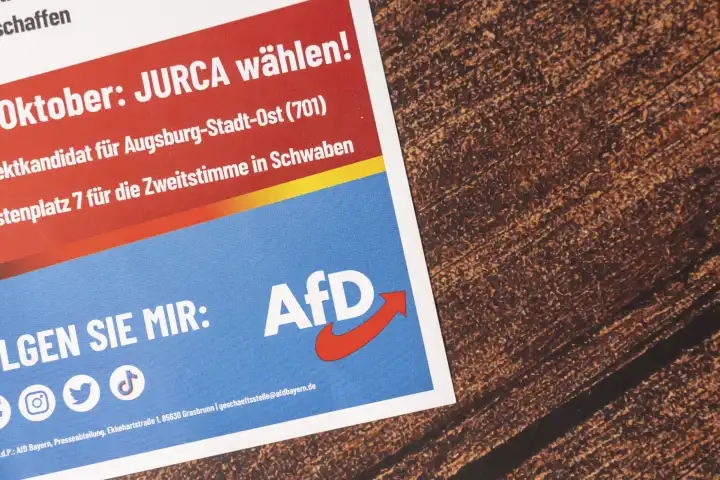 Langweid, Bavaria, Germany - 10 September 2023: Flyer for the state election in Bavaria from the party AfD, Alternative für Deutschland. Pictured candidate Andreas Jurca for Augsburg