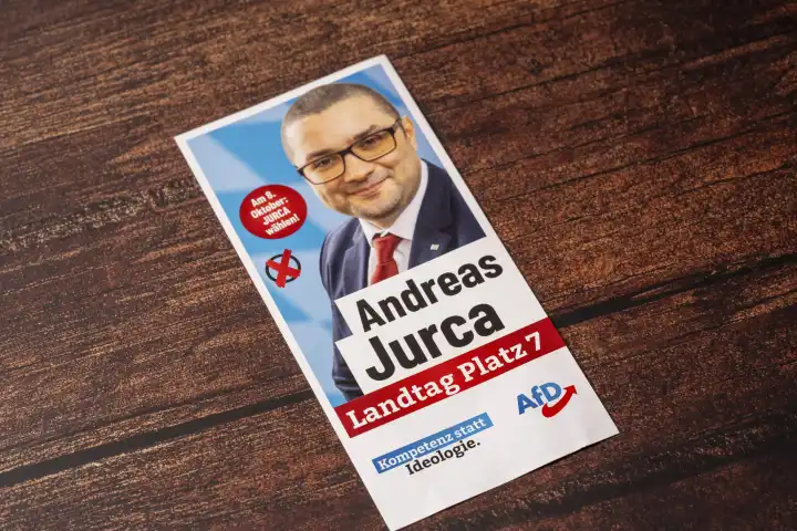 Langweid, Bavaria, Germany - 10 September 2023: Flyer for the state election in Bavaria from the party AfD, Alternative für Deutschland. Pictured candidate Andreas Jurca for Augsburg