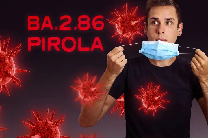 Symbolbild Covid-19 neue Corona Virus Variante BA.2.86 Pirola. Mann hält eine Maske in der Hand und schaut ängstlich auf den Schriftzug BA.2.86 Pirola FOTOMONTAGE