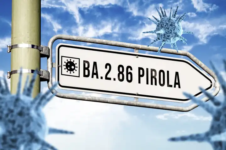 14 September 2023: Iconic image Covid-19 new corona virus variant BA.2.86 Pirola. Sign with inscription BA.2.86 Pirola PHOTOMONTAGE