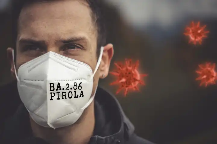 14 September 2023: Iconic image Covid-19 new corona virus variant BA.2.86 Pirola. Man wearing FFP2 mask with writing BA.2.86 Pirola PHOTOMONTAGE