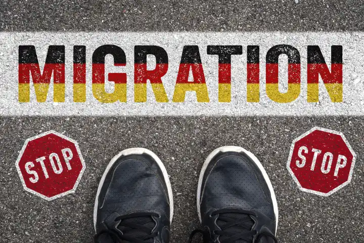 Schuhe von einem Mann auf dem Asphalt mit dem Schriftzug in Deutschland Nationalfarben: Migration und STOP Symbol, Aufnahmestop von Migranten und Flüchtlingen FOTOMONTAGE
