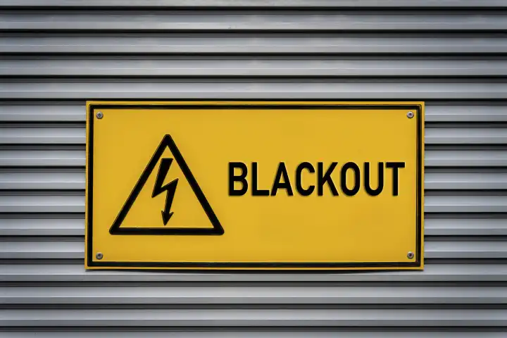 23 September 2023: Yellow sign with the inscription: Blackout on a metal housing. Large-scale power failure PHOTOMONTAGE