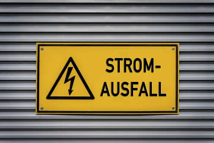 Gelbes Schild mit der Aufschrift: Stromausfall an einem Metall Gehäuse FOTOMONTAGE