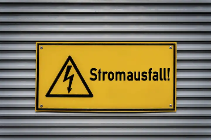 Gelbes Schild mit der Aufschrift: Stromausfall an einem Metall Gehäuse FOTOMONTAGE
