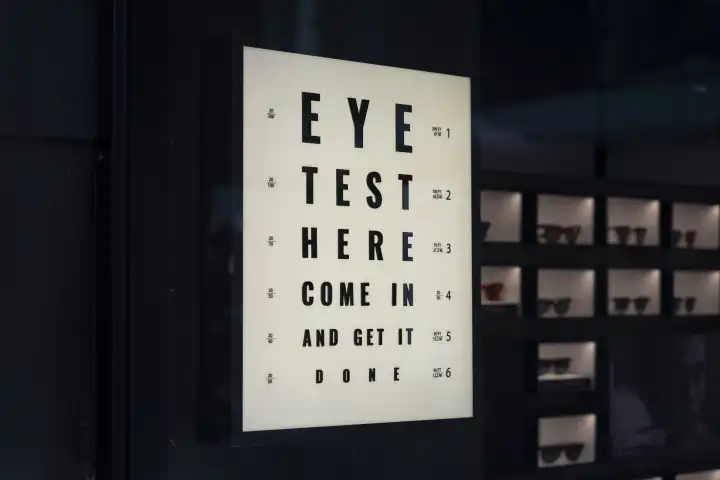 Sehtest Tafel an einem Schaufenster von einem Optiker