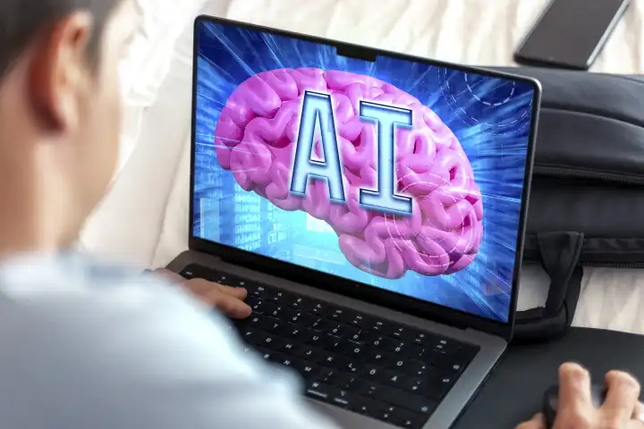 Künstliche Intelligenz auf einem Laptop Computer, Mann vor Bildschirm mit einem digitalen Raum und einem Gehirn mit den Buchstaben AI FOTOMONTAGE