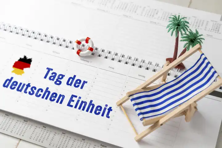 Feiertag und Brückentag Tag der Deutschen Einheit, Kalender mit Liegestuhl und Palme FOTOMONTAGE