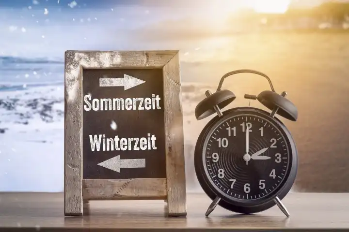 Tafel mit der Aufschrift Sommerzeit und Winterzeit vor Himmel mit Sonnenschein und Schnee mit einem schwarzen Wecker. Zeitumstellung Symbolbild FOTOMONTAGE