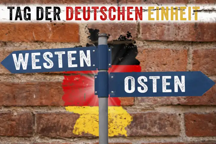 Feiertag und Brückentag Tag der Deutschen Einheit, Mauer mit Wegweiser Osten und Westen FOTOMONTAGE