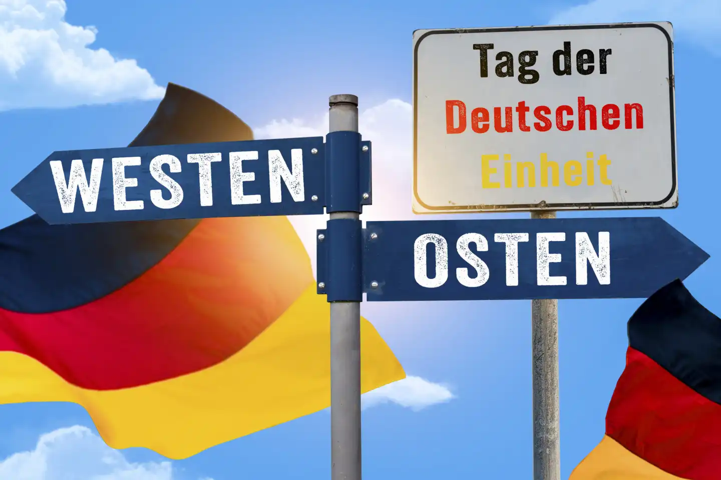 Feiertag und Brückentag Tag der Deutschen Einheit, Himmel mit Deutschland Flagge mit Wegweiser Osten und Westen FOTOMONTAGE