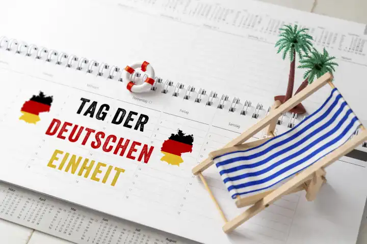 28 September 2023: Holiday and bridge day Day of German Unity, calendar with deck chair and palm tree PHOTOMONTAGE