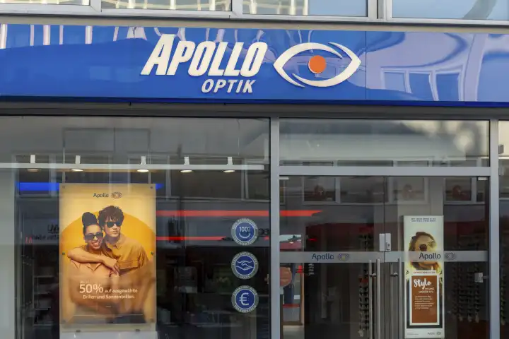 Kiel, Schleswig-Holstein, Germany - 8 July 2023: Optician Apollo Optik logo on the facade of a store. Opticians in Kiel