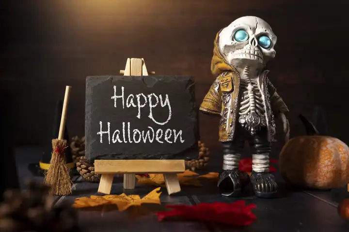 Herbst und Halloween Dekoration um eine Kreidetafel mit Aufschrift: Happy Halloween. Skelett mit Hexenbesen grusel Konzept FOTOMONTAGE