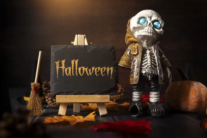 Herbst und Halloween Dekoration um eine Kreidetafel mit Aufschrift: Halloween. Skelett mit Hexenbesen grusel Konzept FOTOMONTAGE