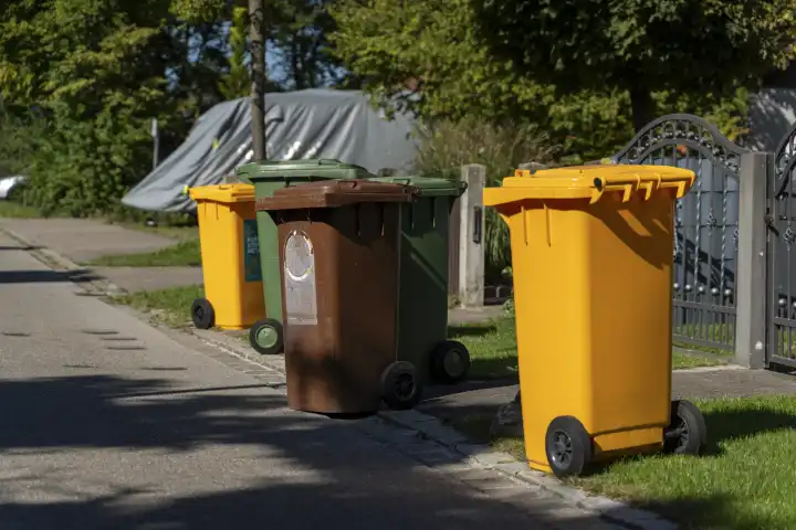 Mülltonnen für die Müllabfuhr auf der Straße vor einem Wohnhaus. Mülltrennung und Recycling Konzept