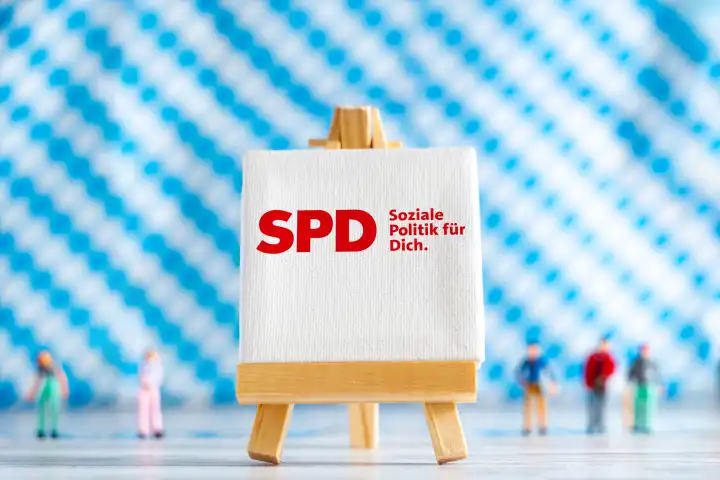 Augsburg, Bavaria, Germany - 7 October 2023: Bavarian state election on 8 October, canvas with party logo SPD Social Democratic Party of Germany in front of Bavarian flag background PHOTOMONTAGE