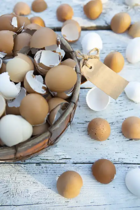 Ostern, zerbrochene Eier Schalen auf hellem Holz in einem Korb