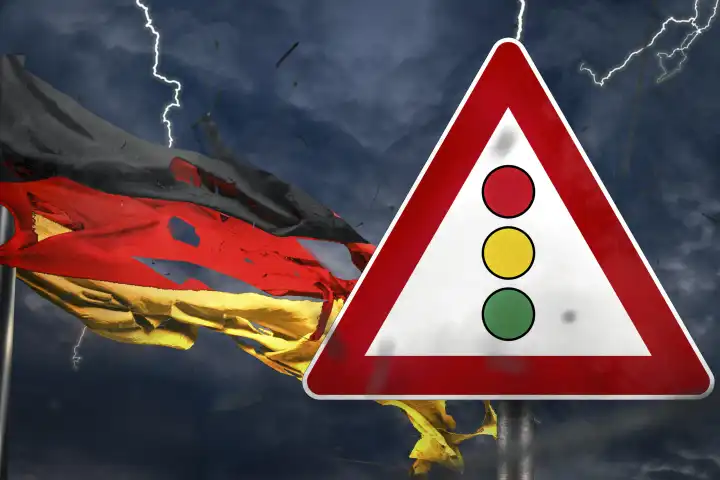 9 October 2023: Controversy and disunity in the traffic light government in Germany. Traffic sign with a traffic light and torn Germany flag during thunderstorm PHOTOMONTAGE
