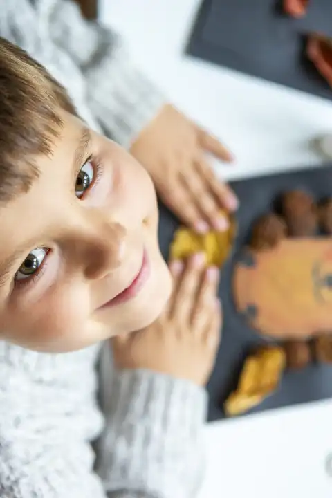 Kinderspaß mit Herbstlaub: Kreatives Basteln zu Hause. Ein Kind bastelt eine Kollage von einem Igel. Lächelnder Junge freut sich über das fertige Bild