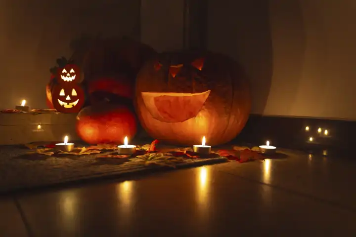 Halloween Dekoration vor einer Wohnungstüre bei Dunkelheit. Brennende Kerzen leuchten um gruselige verzierte Halloween Kürbisse vor einer Türe