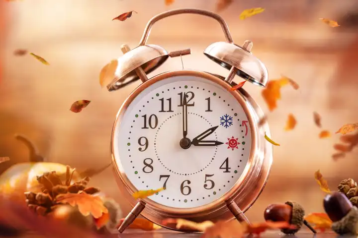 22 October 2023: Time change from daylight saving time to winter time. Time on an alarm clock being changed, arrow with summer and winter symbol. Alarm clock against autumn background and flying leaves PHOTOMONTAGE