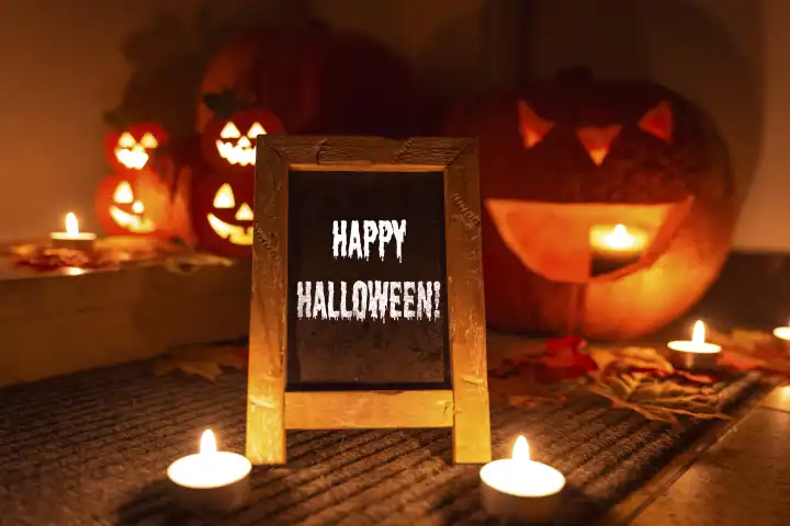 Kürbis Dekoration bei Nacht vor einer Wohnungstüre mit leuchtenden Kerzen und einer Tafel mit einem Halloween Gruß, Happy Halloween FOTOMONTAGE